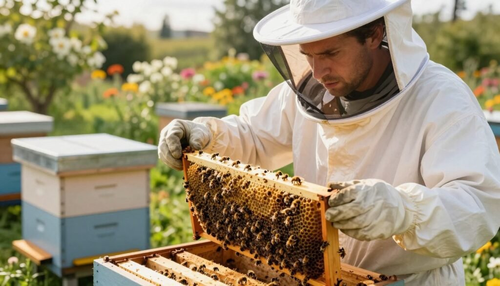 A close-up view of a professional beekeeper in a protective bee suit, examining a hive, with a concerned expression. The foreground features the beekeeper carefully holding a frame of bees, showcasing their activity and health. In the middle ground, additional beehives are visible, indicating a thriving apiary. The background depicts a lush garden with blooming flowers, symbolizing a healthy environment for bees. The composition is bright and well-lit, capturing the warm glow of late afternoon sunlight, which enhances the colors and details. The scene conveys a sense of urgency and professionalism, emphasizing the importance of seeking help when bee behaviors are abnormal. The angle is slightly elevated, providing a comprehensive view of the beekeeper's interaction with the hive. A close-up view of a professional beekeeper in a protective bee suit, examining a hive, with a concerned expression. The foreground features the beekeeper carefully holding a frame of bees, showcasing their activity and health. In the middle ground, additional beehives are visible, indicating a thriving apiary. The background depicts a lush garden with blooming flowers, symbolizing a healthy environment for bees. The composition is bright and well-lit, capturing the warm glow of late afternoon sunlight, which enhances the colors and details. The scene conveys a sense of urgency and professionalism, emphasizing the importance of seeking help when bee behaviors are abnormal. The angle is slightly elevated, providing a comprehensive view of the beekeeper's interaction with the hive.