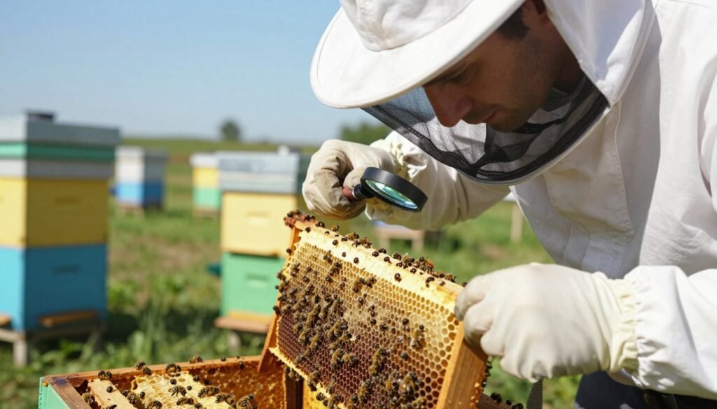 A close-up view of a professional beekeeper in a white protective suit, inspecting a frame of bees with visible Varroa mites under a bright, natural light. In the foreground, the beekeeper carefully examines the frame using a magnifying glass, focusing on the small mites. In the middle ground, several honey supers are stacked neatly, showcasing healthy combs and bees actively working. In the background, an apiary scene is visible, with more hives and a clear blue sky, giving a sense of a sunny day. The atmosphere conveys a sense of diligence and care, highlighting the importance of monitoring mite levels in beekeeping. The image should have soft shadows and a shallow depth of field, emphasizing the intricate details of both the frame and the mites while keeping the apiary context clear.