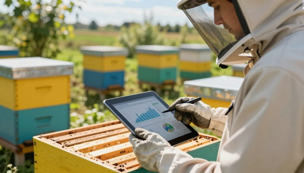 A close-up view of a professional farming setup in an apiary, showcasing a researcher using a tablet to record data in real time about hive strength. In the foreground, the researcher, dressed in a modest casual shirt and protective beekeeping gloves, is focused on the screen, with graphs and data visualizations clearly visible. In the middle layer, sturdy beehives with vibrant colors are featured, each labeled with identification numbers. The background shows lush greenery and a bright blue sky, with soft sunlight filtering through the leaves, creating a warm, inviting atmosphere. The image is captured from a slightly elevated angle, highlighting the interaction between technology and nature, aiming for a mood of productivity and innovation. A close-up view of a professional farming setup in an apiary, showcasing a researcher using a tablet to record data in real time about hive strength. In the foreground, the researcher, dressed in a modest casual shirt and protective beekeeping gloves, is focused on the screen, with graphs and data visualizations clearly visible. In the middle layer, sturdy beehives with vibrant colors are featured, each labeled with identification numbers. The background shows lush greenery and a bright blue sky, with soft sunlight filtering through the leaves, creating a warm, inviting atmosphere. The image is captured from a slightly elevated angle, highlighting the interaction between technology and nature, aiming for a mood of productivity and innovation.