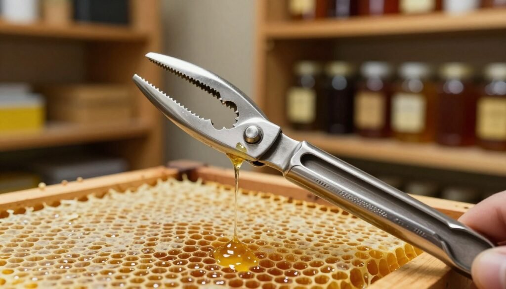 A close-up view of a professional-grade uncapping fork, intricately designed for honeycomb frame management. The fork features stainless steel prongs glistening softly under warm, diffused lighting, reflecting a workshop ambiance. In the foreground, the uncapping fork is held at an angle, ready to uncap honeycomb frames, revealing the vibrant, golden honey within. The middle ground shows a honeycomb frame partially uncapped, with rich, textured wax and dripping honey, creating an enticing contrast. In the background, blurred wooden shelves lined with beekeeping equipment and jars of honey add context to the honey house environment. The overall mood is industrious yet welcoming, capturing the essence of small-scale honey production.