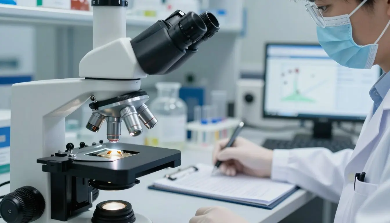 A close-up view of a professional in a lab coat examining a microscope slide under a microscope in a well-lit laboratory