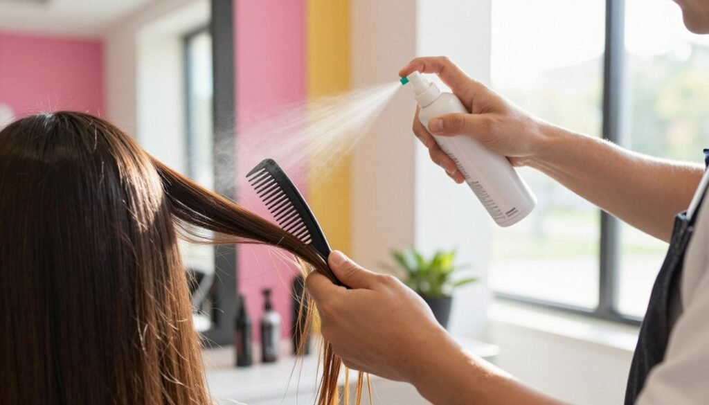 A close-up view of a professional stylist in a bright hair salon, demonstrating how to fix a sagging comb during hot weather. The stylist, dressed in smart casual attire, is holding a comb and using a small spray bottle to mist the comb with water, showcasing the technique to restore its shape. The foreground features the comb prominently, showing its sagging condition. In the middle, a mirror reflects the salon's colorful decor, while a window in the background allows natural sunlight to pour in, creating an uplifting and warm atmosphere. The lighting is bright and cheerful, emphasizing the helpful, solution-oriented mood of the scene. The angle is slightly elevated, capturing both the stylist and the vibrant salon environment harmoniously.