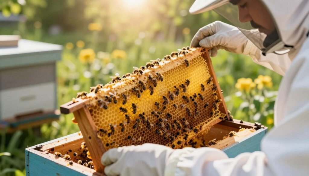 A close-up view of a propolis collector in a top bar hive, showcasing vibrant golden propolis being collected. In the foreground, a beekeeper wearing a white protective suit and gloves delicately monitors the screen, adjusting it with focused intent. The middle ground features the detailed wooden structure of the top bar hive, full of busy honeybees interacting with the propolis. In the background, a sunlit apiary with green foliage and blooming flowers sets a serene atmosphere, while soft daylight filters through, creating a warm, inviting glow. The lens captures the scene at a slight angle to emphasize the beekeeper’s careful actions, highlighting their dedication to maintaining the hive. A close-up view of a propolis collector in a top bar hive, showcasing vibrant golden propolis being collected. In the foreground, a beekeeper wearing a white protective suit and gloves delicately monitors the screen, adjusting it with focused intent. The middle ground features the detailed wooden structure of the top bar hive, full of busy honeybees interacting with the propolis. In the background, a sunlit apiary with green foliage and blooming flowers sets a serene atmosphere, while soft daylight filters through, creating a warm, inviting glow. The lens captures the scene at a slight angle to emphasize the beekeeper’s careful actions, highlighting their dedication to maintaining the hive.