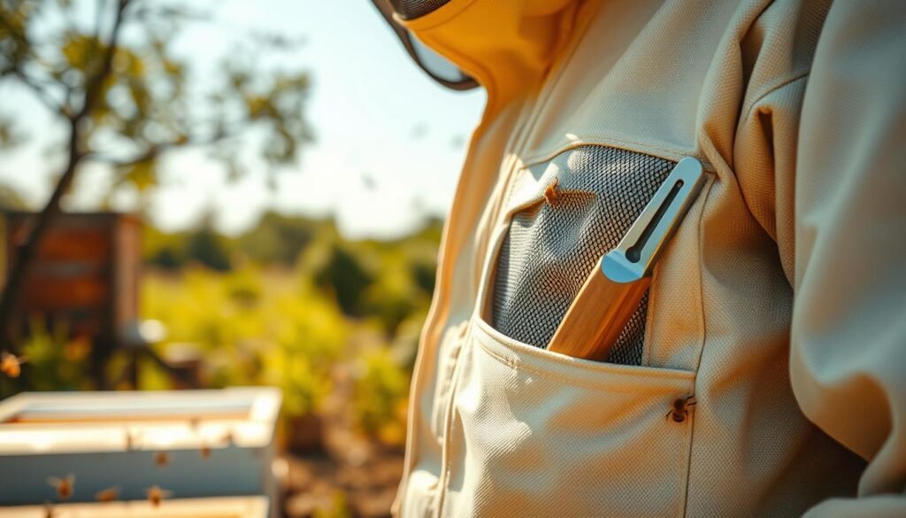 A close-up view of a protective bee suit featuring specialized hive tool pockets, prominently displayed and detailed. The suit is made of breathable, lightweight fabric suitable for hot weather, showcasing its mesh ventilation areas. The foreground features a neatly arranged hive tool positioned in one of the pockets, emphasizing its accessibility and crucial role in beekeeping. In the middle ground, a soft-focus background presents a sunlit apiary bustling with bees, enhancing the connection to beekeeping. Natural daylight filters through, creating a warm, inviting atmosphere that conveys the importance of staying cool while working with bees. The composition should showcase the functional design of the suit and evoke a sense of professionalism and readiness for the beekeeper's tasks.