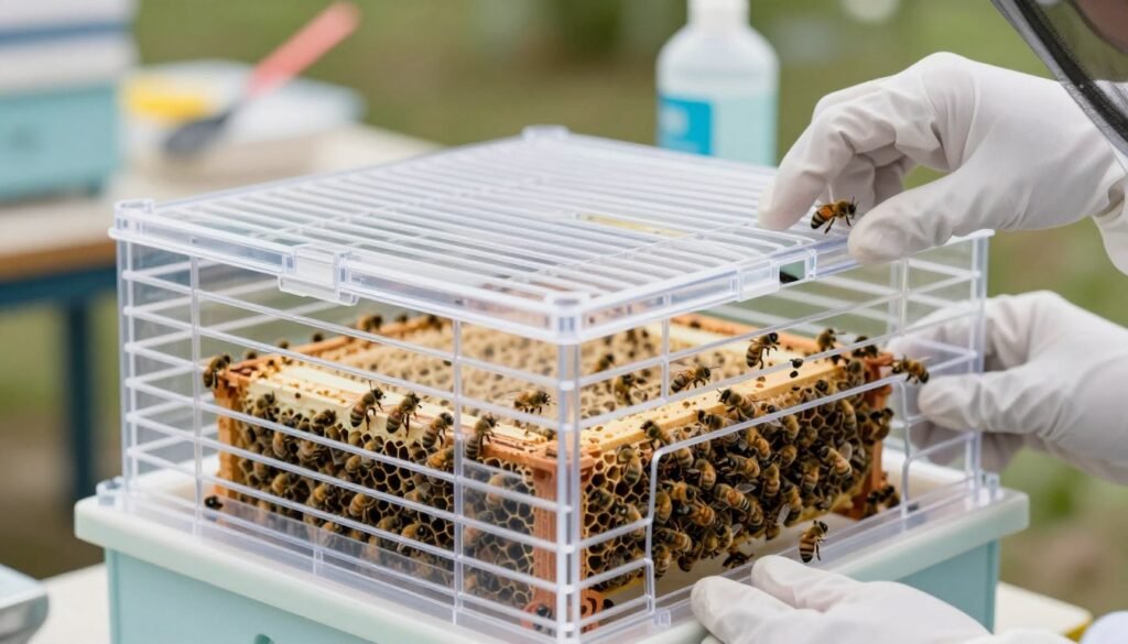 A close-up view of a push-in queen cage, showcasing its intricate design and clean layout. The cage is made of transparent plastic, highlighting its sections for easy observation. In the foreground, place a gloved hand carefully inspecting the cage, emphasizing a focus on sanitation. In the middle ground, display the queen cage with bees on one side, illustrating its functional use with drones and workers maintaining a busy but orderly environment. The background should softly blur a well-lit workspace filled with cleaning tools and sanitizing supplies, creating a professional atmosphere. Utilize soft, natural lighting to enhance the clarity and cleanliness of the scene. The mood is meticulous and focused, reinforcing the importance of hygiene and care in beekeeping.