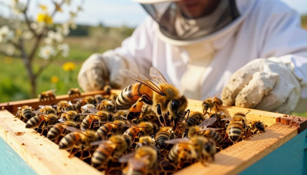 A close-up view of a queen bee being gently captured in a wooden beehive frame, surrounded by vibrant worker bees buzzing in the foreground. The queen, with her distinct elongated abdomen and regal posture, stands out amid the busy activity. In the middle ground, a beekeeper wearing professional attire, such as a white suit and a protective veil, carefully examines the frame, showcasing the delicate balance of queen management. The background features a softly blurred landscape of blooming flowers and greenery, providing an ideal natural habitat for the bees. The scene is warmly lit by golden sunlight, casting gentle shadows and creating a peaceful atmosphere, emphasizing the intricate relationship between beekeepers and their colonies.