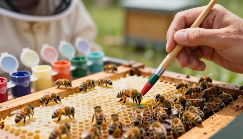 A close-up view of a queen bee being gently marked with a colorful paint dot by an experienced beekeeper using a fine brush. In the foreground, the beekeeper’s hand is shown holding the brush, ensuring precision in applying the marking color. The queen bee, with her elongated abdomen and distinct features, sits on a honeycomb frame, surrounded by worker bees. The middle ground features a variety of small paint pots in various colors organized neatly. The background includes a blurred image of a sunlit apiary, enhancing the outdoor setting. Soft natural lighting highlights the intricate details of the bees and the vibrant colors of the paint, creating a warm, inviting atmosphere that signifies careful attention and nurturing in apiculture.