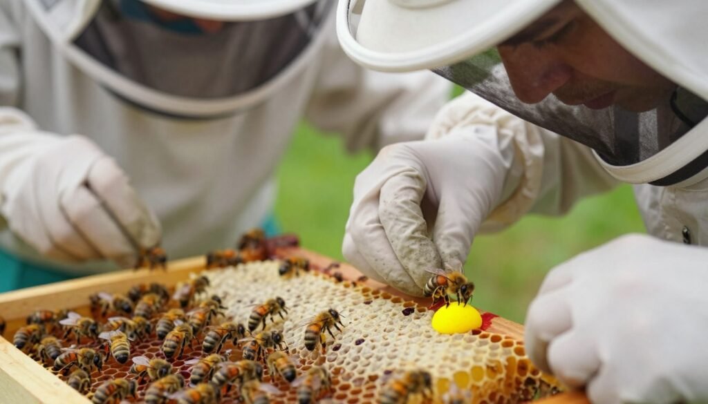 A close-up view of a queen bee being marked with a bright, non-toxic paint dot on her thorax by a skilled beekeeper wearing professional attire. The beekeeper is focused and careful, with their gloved hands steady, ensuring no paint spreads onto other bees. The foreground captures the intricate details of the queen bee and the vibrant colors of the paint, highlighting the importance of precision. In the middle ground, a frame of honeycomb and worker bees goes about their tasks, emphasizing the bustling hive environment. The background shows blurred greenery, hinting at an outdoor setting. Soft, natural lighting enhances the scene, creating a calm and professional atmosphere, while the angle is slightly above eye level, providing a clear view of the marking process.