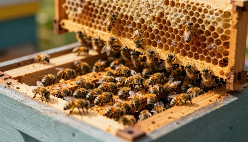 A close-up view of a queen bee cage positioned within an active beehive. In the foreground, focus on the intricately designed queen cage, showing its transparent sides revealing the new queen bee surrounded by workers. The middle layer includes the vibrant bees interacting with the cage, displaying natural behaviors like grooming and feeding. The background features the wooden frames of the hive, with honeycomb filled with honey and brood cells, all bathed in warm, golden daylight filtering through the hive entrance. Capture the scene with a shallow depth of field to emphasize the queen cage and create a calm, harmonious atmosphere—a glimpse into the world of bees during a crucial moment in their colony's life. Use soft, natural lighting to enhance the details and textures of the bees and the hive.