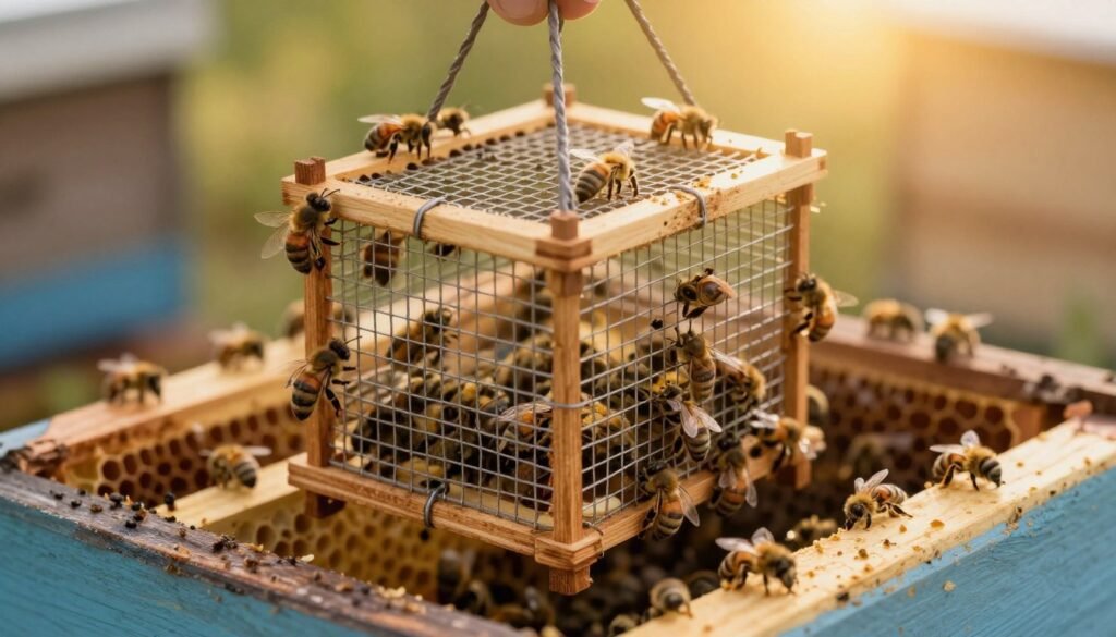 A close-up view of a queen bee cage suspended within a bee hive, showcasing the delicate craftsmanship of the cage made from materials like fine mesh and small wood pieces. The foreground features a detailed shot of the cage, highlighting the queen bee resting inside, surrounded by worker bees. In the middle ground, the hive's frames with honeycomb and bees busy at work surround the queen cage, creating a natural setting. The background softly blurs, indicating the beehive's interior, with a warm golden light filtering through, casting a gentle glow on the scene. The atmosphere should be calm yet industrious, capturing the essence of beekeeping. Use a macro lens perspective to emphasize the intricate details and ensure a sharp focus on the queen cage.