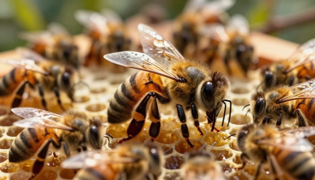 A close-up view of a queen bee in a natural hive setting, surrounded by worker bees, showcasing her physiological changes with age. The queen appears larger and slightly aged, with a gentle glow highlighting her body. Worker bees are attentively grooming her, emphasizing their care and nurturing role. In the middle ground, honeycomb structures filled with brood and honey illustrate the thriving colony, while the background features softly blurred plant life to evoke a sense of rich biodiversity. The scene is illuminated by soft, warm lighting, mimicking sunlight filtering through the hive. The camera angle is slightly tilted downward, focusing on the queen’s regal presence in her environment, creating a mood of reverence and vitality in the colony.