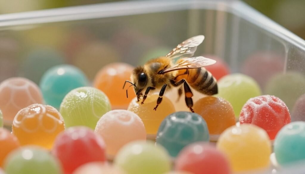 A close-up view of a queen bee inside a transparent cage, surrounded by soft, colorful candy plugs designed to provide nutrition during transport. In the foreground, the candy plugs are shown in detail, showcasing their vibrant colors and unique textures, such as shiny surfaces reflecting light. The middle ground features the queen bee calmly resting on one of the plugs, with delicate wings and intricate body patterns visible. In the background, a softly blurred natural setting, evoking a sense of nurturing and safety. The lighting is warm and diffused, creating a calm and inviting atmosphere, while the focus is sharp on the foreground elements. The image conveys a sense of care and importance in supporting bee health during transport.