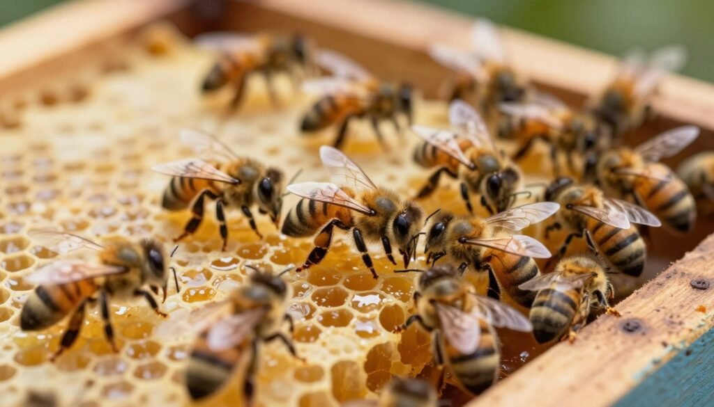 A close-up view of a queen bee surrounded by worker bees, emphasizing the protective candy barrier created in a queen cage. The foreground features the vibrant, glossy candy plug, with bees gently clustering around it, showcasing their intricate details and blurred wings in motion. In the middle ground, a soft focus on additional bees interacting with the candy barrier, illustrating their diligent nature. The background is a softly-lit hive, filled with honeycomb and warm, amber colors, creating a calm yet bustling atmosphere. The scene is illuminated with soft, natural lighting, capturing the essence of a beehive while maintaining a serene mood. The camera angle is slightly tilted for a dynamic perspective, enhancing the focus on the queen and her barrier.