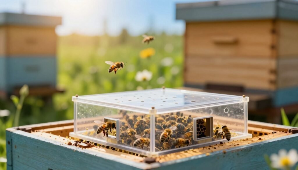 A close-up view of a queen cage delicately placed within an apiary environment. In the foreground, the focus is on the intricate details of the transparent queen cage, which is adorned with small ventilation holes and a secure entrance for the new queen bee. In the middle ground, vibrant green foliage and scattered flowers hint at the thriving colony nearby, while soft bees are seen hovering around, showcasing their curiosity. The background features a wooden beehive, slightly blurred, set against a bright blue sky, with golden sunlight filtering through, casting a warm glow over the scene. The mood is calm and nurturing, emphasizing the delicate process of introducing a new queen to the colony, creating a harmonious atmosphere of nature and bees in their element.