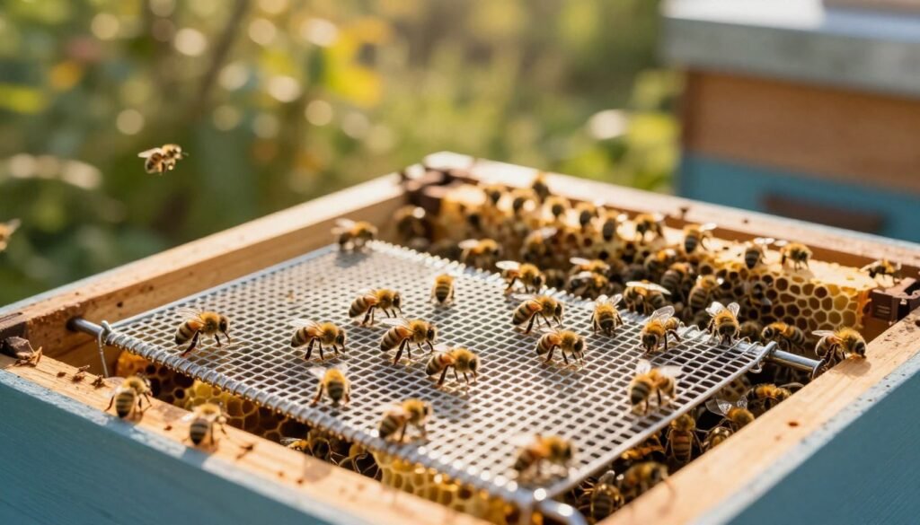 A close-up view of a queen excluder placed strategically in a beehive, showcasing the intricate details of its mesh design and how it separates the queen from the worker bees. In the foreground, the gleaming metal of the queen excluder is contrasted with the vibrant yellow and black colors of the bees buzzing around it. The middle ground features the hive frames filled with honeycomb and worker bees, engaged in their tasks. The background is a soft-focus of a sunny garden, suggesting a serene environment. The lighting is warm, casting gentle shadows to enhance the details, reminiscent of late afternoon sunlight. The atmosphere is tranquil yet industrious, reflecting the importance of queen management in beekeeping practices.