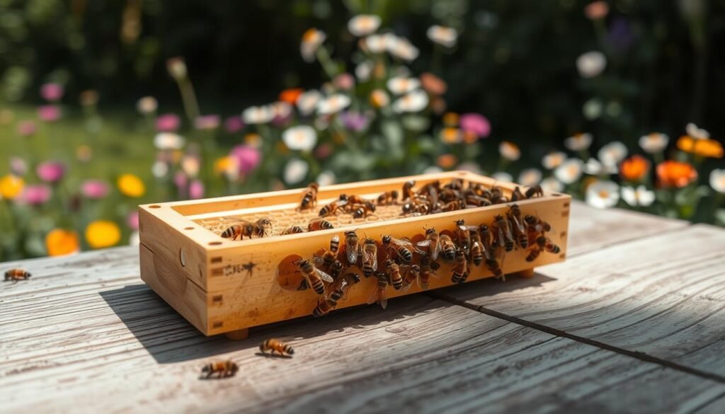 A close-up view of a queen rearing nuc box for honeybees, showcasing its unique design with multiple small compartments filled with bees. The foreground highlights the intricate details of the compartments and the gentle movement of bees. In the middle, the nuc box is placed on a weathered wooden table under natural light, allowing subtle shadows to accentuate its features. In the background, a lush garden blooms with flowers that provide nectar, soft focus to enhance the depth. The atmosphere is serene and buzzing with life, evoking a sense of harmony in nature. The image should be well-lit, capturing fine textures and colors, emphasizing the importance of the queen rearing process in beekeeping. A close-up view of a queen rearing nuc box for honeybees, showcasing its unique design with multiple small compartments filled with bees. The foreground highlights the intricate details of the compartments and the gentle movement of bees. In the middle, the nuc box is placed on a weathered wooden table under natural light, allowing subtle shadows to accentuate its features. In the background, a lush garden blooms with flowers that provide nectar, soft focus to enhance the depth. The atmosphere is serene and buzzing with life, evoking a sense of harmony in nature. The image should be well-lit, capturing fine textures and colors, emphasizing the importance of the queen rearing process in beekeeping.