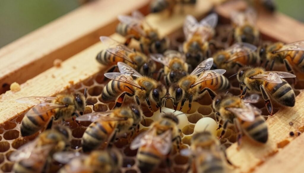 A close-up view of a queenless beehive scene, emphasizing the behavior of laying worker bees. In the foreground, highlight several worker bees actively inspecting empty cells, showcasing a few laying eggs to signify their role in the absence of a queen. In the middle ground, depict a cluster of bees clustering together, with some bees exhibiting care towards the eggs, while others appear agitated or confused, representing behavioral changes. The background should consist of wooden hive frames and honeycomb structures, with soft, warm lighting streaming through, creating a serene yet slightly chaotic atmosphere. The focus is sharp on the bees, while using a shallow depth of field to blur the surroundings subtly, capturing the essence of a queenless hive.