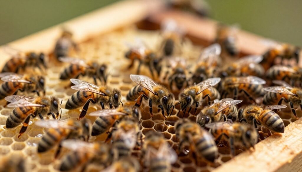 A close-up view of a queenless beehive, showcasing the interior details. In the foreground, bees are actively working and clustering around empty combs, with some bees exhibiting behaviors associated with nurturing new brood cells. In the middle ground, the honeycomb structure is visible, highlighting the absence of the queen, with unoccupied cells awaiting a new queen or the signs of potential drone brood. In the background, a soft focus on the hive's outer structure reveals natural materials while sunlight streams through, creating a warm, inviting glow. The atmosphere reflects a sense of urgency and hope as the colony adapts to its queenless state, emphasizing the community aspect of the bees. Use a macro lens viewpoint to capture fine details and ensure clarity.