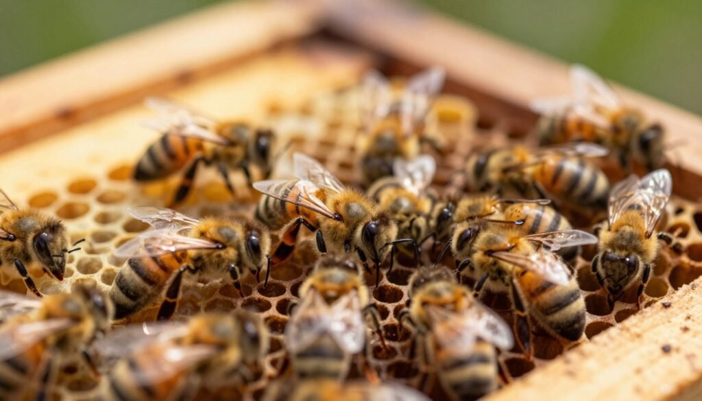 A close-up view of a queenless hive filled with laying worker bees. In the foreground, depict several worker bees interacting around capped brood cells, showcasing their developing ovaries with gentle highlights. The middle ground should feature detailed comb structures, emphasizing the chaotic yet organized nature of the hive. In the background, soft blurred images of the hive's wooden frames provide context, with subtle gradients of natural colors. The lighting should be warm and inviting, resembling sunlight filtering through the hive, creating a serene atmosphere. Use a macro lens perspective to accentuate the intricate details of the bees and the brood cells, capturing the essence of life within the hive during a critical phase.