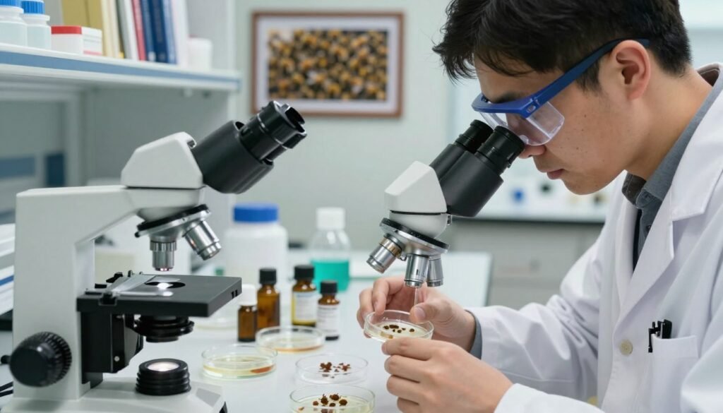 A close-up view of a researcher in a modern laboratory, wearing a white lab coat and safety goggles, carefully examining samples under a microscope. The foreground features a detailed microscope and glass petri dishes filled with samples suspected of containing Varroa mites. In the middle ground, various non-lethal mite control tools like mite traps, essential oils, and organic treatments are arranged neatly on a lab table. Soft, natural lighting illuminates the scene, highlighting the researcher’s focused expression and the intricate details of the equipment. In the background, shelves filled with beekeeping books and a framed image of a healthy bee colony create an atmosphere of scientific inquiry and environmental care, conveying a sense of innovation in bee protection methods.