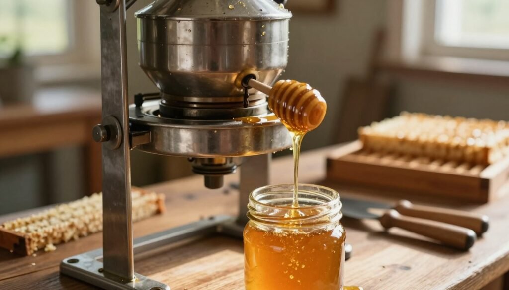A close-up view of a rustic honey extractor, glistening with fresh honey dripping into a glass jar below. The extractor, made of stainless steel, should be detailed with reflections of soft golden hues from the honey against the metallic surface. In the foreground, the jar is half-filled with the smooth, amber-colored honey, sunlight streaming through a nearby window, enhancing its warm tones. In the middle, show the extractor with its rotating mechanism slightly blurred to convey motion. In the background, a wooden table is cluttered with beekeeping tools and frames, creating a cozy, homey atmosphere. The overall mood is inviting and warm, celebrating the natural process of harvesting honey. The lighting should be soft and diffused, mimicking late afternoon light. A close-up view of a rustic honey extractor, glistening with fresh honey dripping into a glass jar below. The extractor, made of stainless steel, should be detailed with reflections of soft golden hues from the honey against the metallic surface. In the foreground, the jar is half-filled with the smooth, amber-colored honey, sunlight streaming through a nearby window, enhancing its warm tones. In the middle, show the extractor with its rotating mechanism slightly blurred to convey motion. In the background, a wooden table is cluttered with beekeeping tools and frames, creating a cozy, homey atmosphere. The overall mood is inviting and warm, celebrating the natural process of harvesting honey. The lighting should be soft and diffused, mimicking late afternoon light.