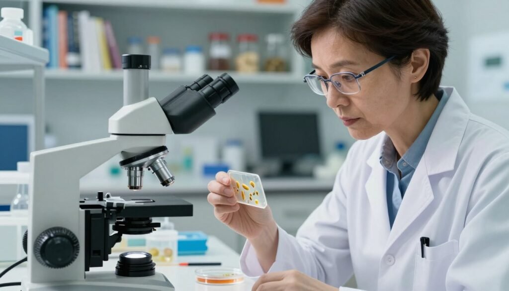 A close-up view of a scientist in a professional lab coat examining a microscope filled with a slide showcasing Nosema spores. In the foreground, a well-lit microscope with intricate details, next to a petri dish labeled with spore count data. In the middle area, a clear, organized workspace with lab tools and equipment, illuminated by soft, natural lighting. In the background, shelves filled with scientific books and jars containing specimens, enhancing the atmosphere of a knowledgeable research environment. The scientist, a middle-aged Caucasian female with glasses, looks focused and determined, embodying a serious yet calm mood, emphasizing the importance of interpreting spore counts for colony health. The image is sharp and well-composed, capturing an educational and professional setting.