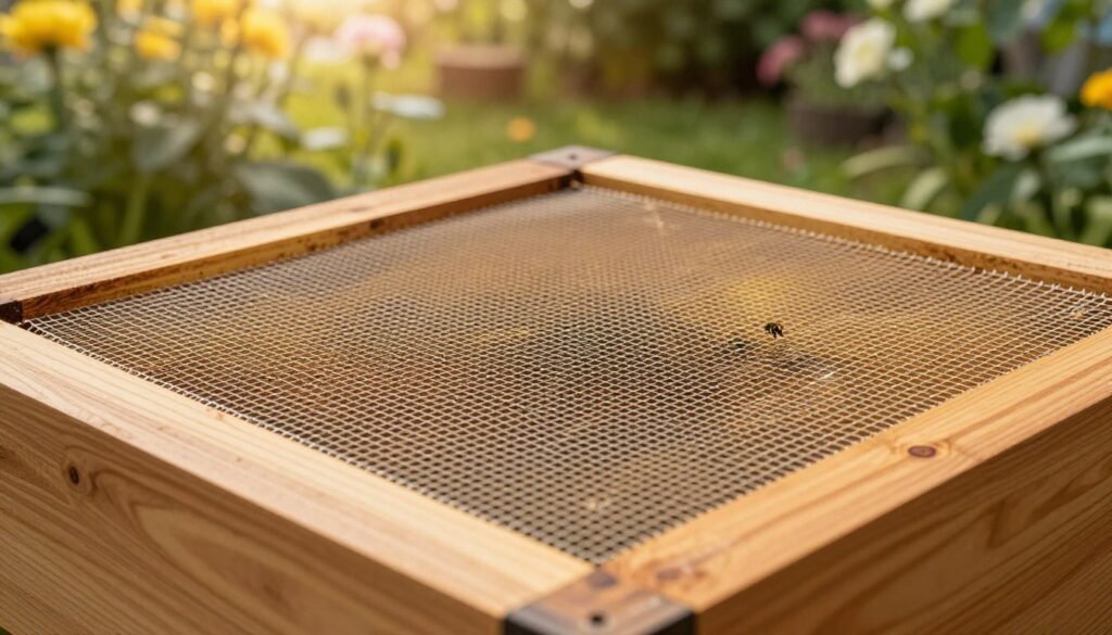A close-up view of a screened bottom board for beekeeping, showcasing its intricate design with a fine mesh screen that allows ventilation while preventing bees from escaping. In the foreground, the board is positioned diagonally, with detailed wooden textures and a smooth finish. The middle ground features a honeycomb pattern faintly visible through the mesh, hinting at the busy life of bees within. In the background, a blurred garden scene with flowering plants and gentle sunlight filtering through leaves creates a tranquil, natural atmosphere. The lighting is soft and warm, emphasizing the vivid colors of the wood and the greenery, while the angle captures the functionality of the screened bottom board, illustrating its importance in bee-proof ventilation. The overall mood is peaceful and harmonious, reflecting a connection to nature. A close-up view of a screened bottom board for beekeeping, showcasing its intricate design with a fine mesh screen that allows ventilation while preventing bees from escaping. In the foreground, the board is positioned diagonally, with detailed wooden textures and a smooth finish. The middle ground features a honeycomb pattern faintly visible through the mesh, hinting at the busy life of bees within. In the background, a blurred garden scene with flowering plants and gentle sunlight filtering through leaves creates a tranquil, natural atmosphere. The lighting is soft and warm, emphasizing the vivid colors of the wood and the greenery, while the angle captures the functionality of the screened bottom board, illustrating its importance in bee-proof ventilation. The overall mood is peaceful and harmonious, reflecting a connection to nature.
