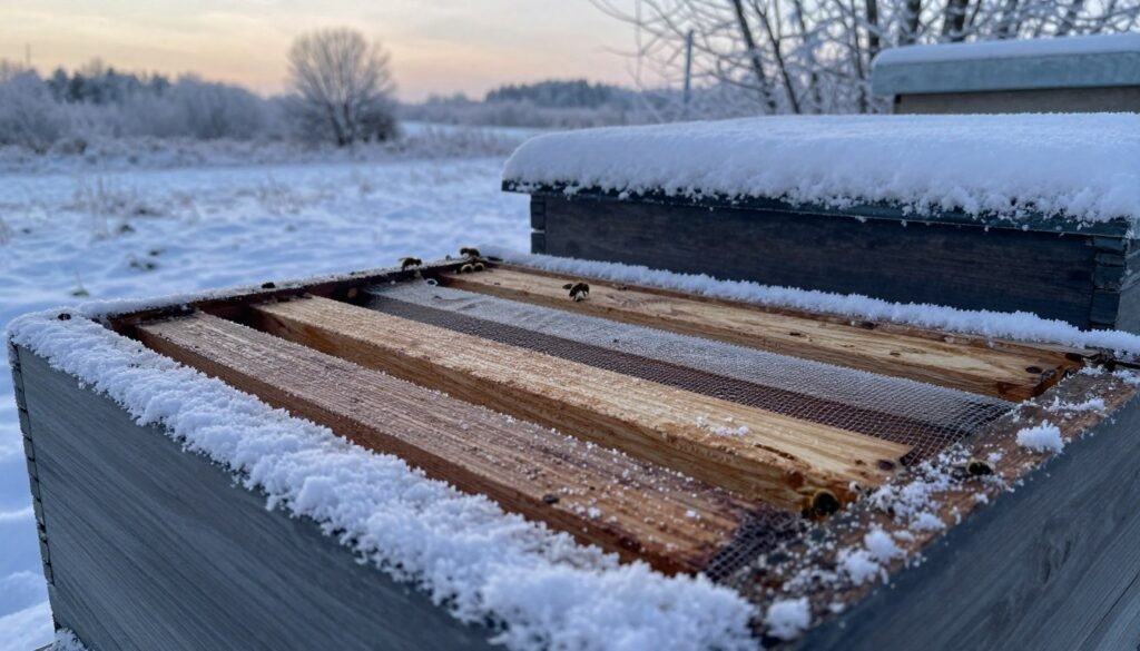 A close-up view of a screened bottom board positioned on a beehive, blanketed with fresh, powdery snow in a serene winter setting. In the foreground, the textured wood of the bottom board is highlighted, showing intricate details and the fine mesh screen glistening with frost crystals. The middle ground features the beehive, partially covered with snow, while a few brave bees can be seen attempting to exit despite the cold. The background reveals a tranquil winter landscape with frosted trees and a soft, muted sky, suggesting early morning light with a cool bluish hue. The atmosphere is calm and peaceful, emphasizing the importance of the screened bottom board in protecting bees during the harsh winter months. The image captures a sense of quiet resilience in nature.
