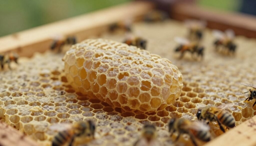 A close-up view of a sealed queen cell, prominently displayed in the foreground, showcasing its distinct oval shape and waxy texture. The cell should be partially surrounded by gentle, blurred images of honeycomb cells filled with bees, creating a sense of depth in the middle ground. In the background, soft, natural lighting filters through a beehive, illuminating the intricate details of the scene and casting warm, golden hues. The atmosphere should evoke a sense of calm and order, highlighting the importance of the sealed queen cell in a beekeeping context. The lens should be focused sharply on the queen cell, with a shallow depth of field to blur the surrounding elements, ensuring the subject is the focal point of the image.