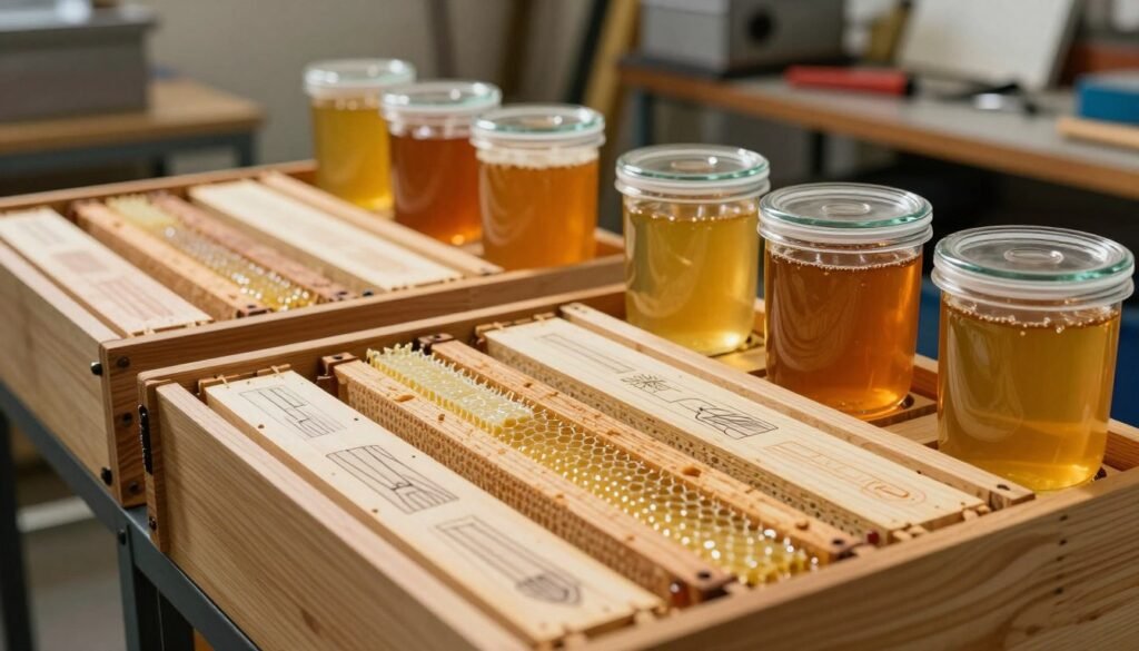 A close-up view of a series of frame racks displaying innovative designs for storing supers, each section meticulously organized with drawn comb fitted between the flows. In the foreground, showcase detailed wooden racks featuring various compartments, with vivid highlights reflecting soft, ambient lighting that creates a warm atmosphere. The middle ground reveals clear glass containers filled with honey supers, allowing for a glimpse of the rich golden honey inside, while in the background, a softly blurred workshop setting adds a sense of depth, incorporating tools and equipment. The image should evoke a feeling of professionalism and craftsmanship, with a focus on neat arrangement and functionality, perfect for illustrating modern beekeeping practices.