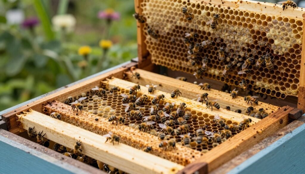 A close-up view of a set of brood frames in a beehive, showcasing the honeycomb structure filled with developing larvae and capped brood. In the foreground, several frames rest on a wooden hive stand, with bees crawling energetically over the surface. The middle ground features the intricately designed honeycomb cells, glistening in soft, natural light that streams in from an open beehive entrance. The background consists of a blurred focus on a lush garden, hinting at the surrounding flora that supports the bee colony. The atmosphere is calm and industrious, capturing the harmony of the bee community working together. The image should be well-lit and sharp, reflecting a macro perspective that highlights the details of the frames and bees.