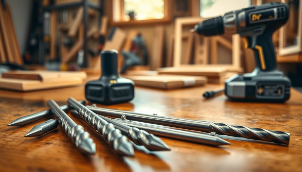 A close-up view of a set of pilot point drill bits arranged on a polished wooden workbench, showcasing their sharp steel tips and spiral flutes. The foreground highlights the drill bits, emphasizing their intricate details and precision engineering. In the middle ground, a cordless drill sits beside the bits, partially visible, with its handle and battery emphasized. The background features a softly blurred workshop setting, with tools and wooden frames subtly indicated, creating an active but uncluttered atmosphere. Soft, natural lighting streams in from a nearby window, casting gentle shadows and enhancing the metallic sheen of the drill bits. The overall mood is professional and focused, ideal for showcasing essential features in frame assembly.