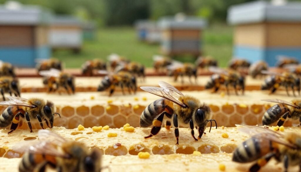 A close-up view of a sick bee exhibiting signs of chronic bee paralysis, showcasing its shiny black body, uncoordinated movement, and distinctive trembling. In the foreground, a single bee is perched on a honeycomb frame in a commercial beekeeping operation, surrounded by blurred images of other bees in the hive for context. The middle layer highlights the intricate details of the honeycomb and the pollen, while the background fades into a softly lit, busy apiary scene with wooden hives and natural greenery. Natural sunlight filters through, creating a warm but somber atmosphere, emphasizing the challenges faced in commercial beekeeping. Use a shallow depth of field to draw focus on the affected bee, capturing a poignant moment that reflects the impact of bee health issues in a professional setting.