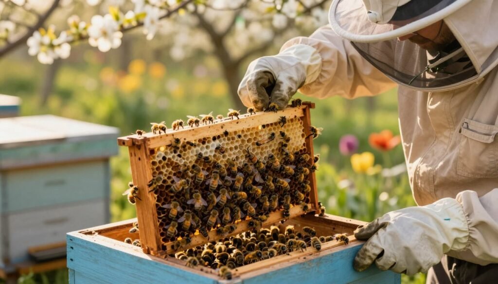 A close-up view of a skilled beekeeper, dressed in professional attire with a protective veil and gloves, gently manipulating a wooden bee box in a serene garden setting. In the foreground, the beekeeper holds a queen cage, showcasing the queen bee surrounded by worker bees, highlighting the moment of queen release. The middle of the composition features the open hive, filled with busy bees, with vibrant yellow and black coloration. In the background, blooming flowers and green foliage softly blur, captured in warm golden hour lighting that casts a gentle glow over the scene. The mood is tranquil and focused, illustrating the care and attention needed in managing queen release while fostering a peaceful atmosphere in nature. A close-up view of a skilled beekeeper, dressed in professional attire with a protective veil and gloves, gently manipulating a wooden bee box in a serene garden setting. In the foreground, the beekeeper holds a queen cage, showcasing the queen bee surrounded by worker bees, highlighting the moment of queen release. The middle of the composition features the open hive, filled with busy bees, with vibrant yellow and black coloration. In the background, blooming flowers and green foliage softly blur, captured in warm golden hour lighting that casts a gentle glow over the scene. The mood is tranquil and focused, illustrating the care and attention needed in managing queen release while fostering a peaceful atmosphere in nature.