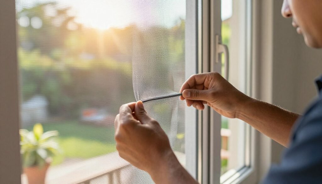 A close-up view of a skilled technician installing a screened inner cover on a window frame during a sunny summer afternoon. In the foreground, hands of the technician, clad in professional attire, delicately adjust the mesh screen, showcasing meticulous attention to detail. In the middle ground, the window frame is visible, partially completed, revealing a well-structured home environment. In the background, rays of warm sunlight illuminate the scene, creating a serene and inviting atmosphere, with softly blurred garden greenery visible through the window. Capture this moment with a shallow depth of field, using soft natural lighting to enhance the focus on the installation process while evoking a sense of comfort and ease.