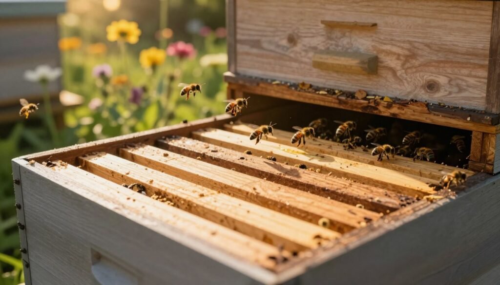 A close-up view of a slatted rack positioned at the entrance of a bee hive, designed to shield the colony from external drafts. In the foreground, the textured wooden slats cast soft shadows, showcasing the intricate grain of the wood. The middle layer features a bustling hive entrance, with bees flying in and out, indicating high activity. The background softly blurs to reveal a garden filled with blooming flowers under warm summer sunlight, creating a serene atmosphere. The lighting is natural, capturing the glow of a late afternoon sun. The angle is slightly elevated, allowing for a comprehensive view of the hive setup. The overall mood is peaceful and productive, emphasizing the importance of protecting the colony while promoting healthy summer management.