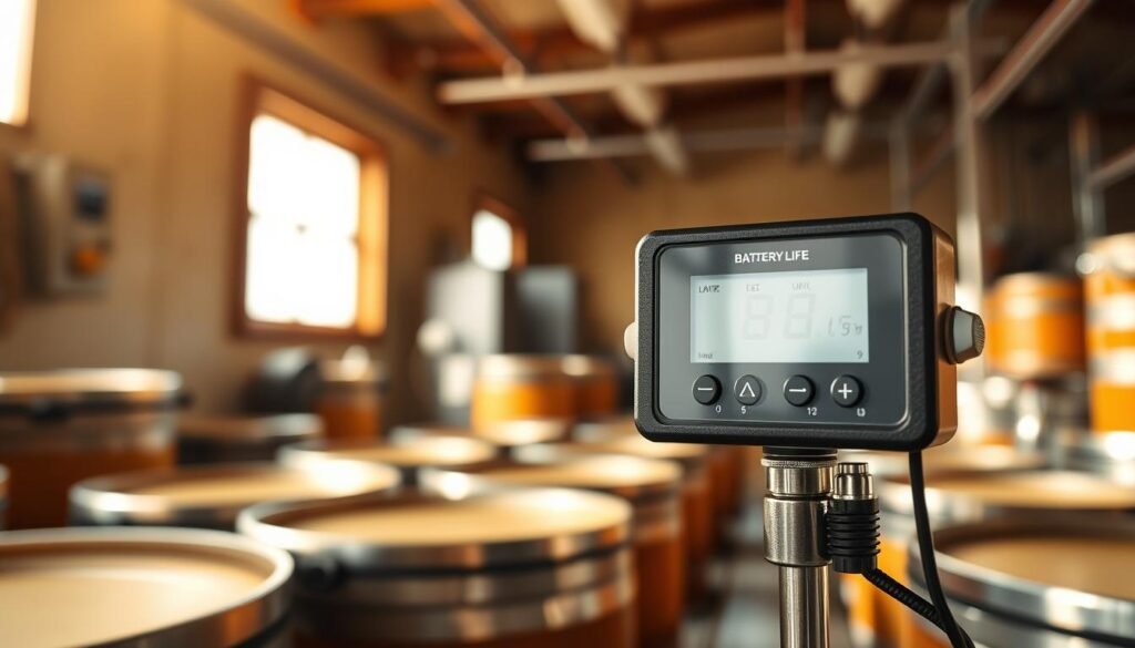 A close-up view of a sleek battery life humidity monitor designed for professional use in honey processing rooms. The monitor features an LCD display showcasing digital readings of humidity and battery status, surrounded by buttons for easy navigation. In the foreground, a well-lit working environment highlights the monitor against a backdrop of honey extraction equipment, such as barrels and extraction machines, subtly blurred to create depth. Soft, natural light filters through a window, casting gentle shadows and enhancing the polished metal and plastic components of the monitor. The atmosphere conveys a sense of precision and reliability, ideal for professionals in the field. The image focuses on the functionality and aesthetics of the device while maintaining a clean and organized workspace.