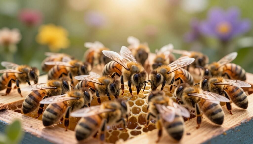 A close-up view of a small beehive, highlighting a queen bee surrounded by worker bees showing signs of rejection, such as aggressive behavior like facing away or forming a cluster around her. The foreground features vibrant, detailed bees with a focus on textures like their fuzzy bodies and the delicate wings. In the middle ground, the hive structure is visible, crafted from natural wood with a few honeycombs showcased. The background consists of a soft-focus garden scene, with flowers and greenery, suggesting a lively environment. The lighting is warm and inviting, with early morning sunlight streaming in, creating a gentle glow around the bees. The overall mood conveys tension and caution, capturing the essence of introducing a new queen. A close-up view of a small beehive, highlighting a queen bee surrounded by worker bees showing signs of rejection, such as aggressive behavior like facing away or forming a cluster around her. The foreground features vibrant, detailed bees with a focus on textures like their fuzzy bodies and the delicate wings. In the middle ground, the hive structure is visible, crafted from natural wood with a few honeycombs showcased. The background consists of a soft-focus garden scene, with flowers and greenery, suggesting a lively environment. The lighting is warm and inviting, with early morning sunlight streaming in, creating a gentle glow around the bees. The overall mood conveys tension and caution, capturing the essence of introducing a new queen.