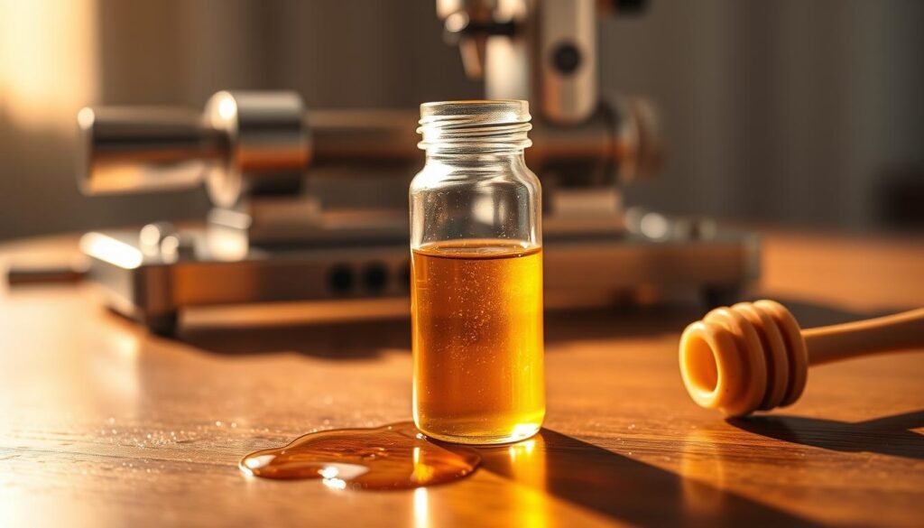 A close-up view of a small, clear glass vial filled with shimmering calibration fluid, showcasing its rich golden hue reminiscent of honey. In the background, a high-quality refractometer rests on a wooden table, its metallic body reflecting soft, natural light. The scene is bathed in warm, diffused sunlight coming from the right, creating gentle shadows that add depth. In the foreground, a few drops of the calibration fluid glisten on the table, with a honey dipper nearby, emphasizing the theme of moisture content. The atmosphere is serene and inviting, with a subtle hint of professionalism, perfect for an article about precision and accuracy in honey testing.