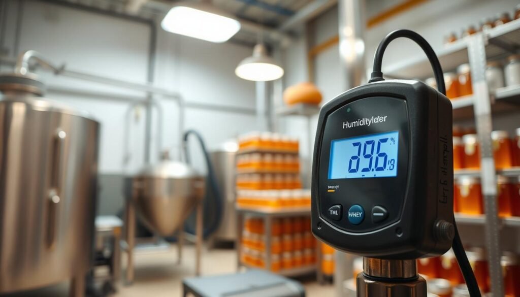 A close-up view of a sophisticated humidity meter displaying current humidity levels, set against a backdrop of a well-organized honey processing room. In the foreground, the humidity meter shows a clear digital readout with accurate numbers illuminated by soft, diffused overhead lighting that creates a warm, inviting atmosphere. The middle ground features stainless steel honey processing equipment, emphasizing a clean and professional workspace. In the background, honey jars are neatly arranged on shelves, adding a touch of authenticity. The scene is captured with a shallow depth of field, focusing sharply on the humidity meter while gently blurring the background to enhance the subject. The overall mood is efficient and productive, reflecting the importance of humidity monitoring in the honey production process.
