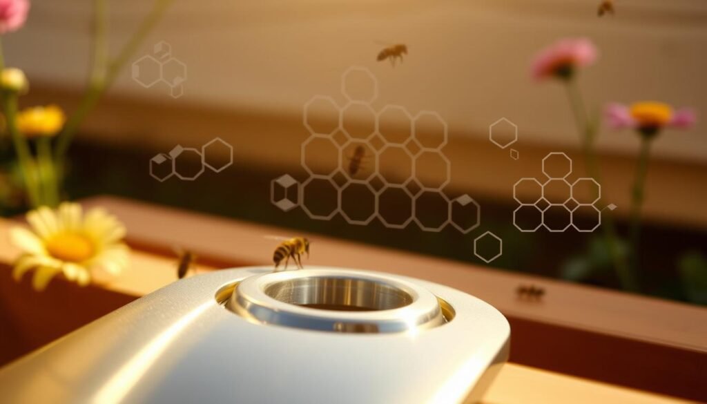 A close-up view of a stainless steel entrance reducer designed for Langstroth hives. The foreground features the reducer with its sleek, polished surface, highlighting the craftsmanship and precision of the stainless steel. In the middle, there are bee-related elements, such as a few bees around the entrance, and honeycomb patterns subtly integrated into the background to symbolize its purpose. The lighting is soft and warm, creating an inviting atmosphere, with a slight shimmer on the metal to accentuate its quality. The background is blurred, focusing the viewer's attention on the reducer, with hints of natural surroundings like flowers and greenery, representing the hive's environment. The overall mood is professional and informative, perfect for a technical illustration.