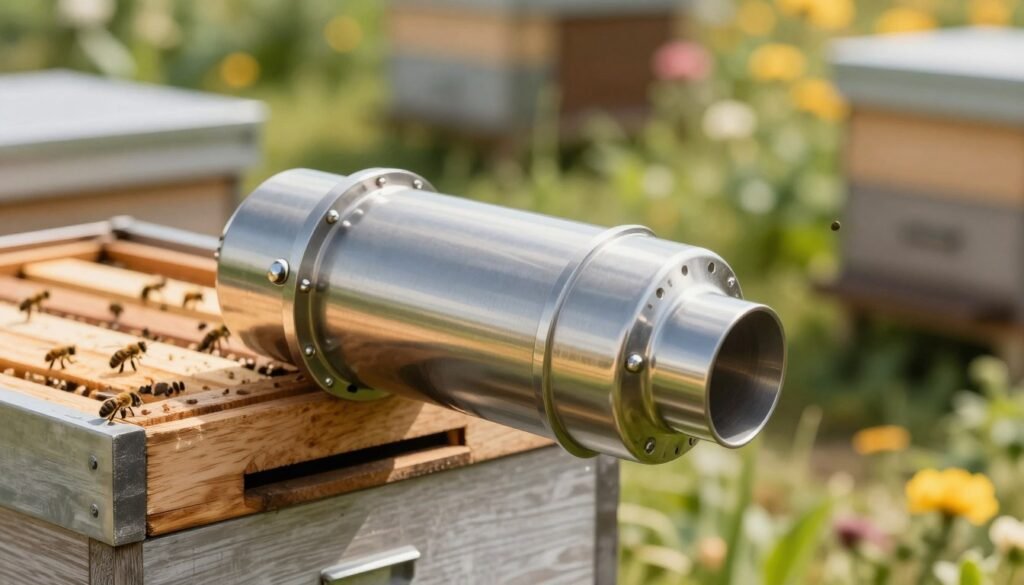 A close-up view of a stainless steel entrance reducer designed for a beehive, showcasing its sleek, reflective surface and precise engineering. In the foreground, the reducer is prominently displayed, highlighting its smooth edges and adaptability for different hive entrances. The middle ground features a natural wooden beehive with bees buzzing around, emphasizing the reducer’s functionality. The background is a soft-focus of a vibrant garden scene, enhancing the idyllic apiary atmosphere. The lighting is warm and inviting, with sunlight reflecting off the stainless steel, creating subtle highlights. The angle captures both the detail of the reducer and the harmonious setting, evoking a sense of connection to nature and craftsmanship, perfect for showcasing material options in bee care.