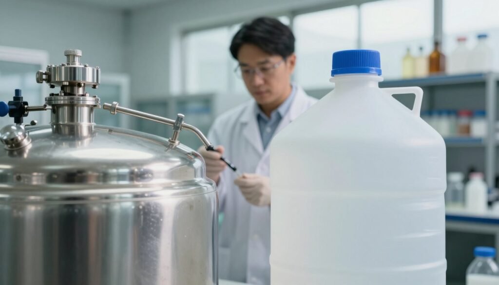 A close-up view of a stainless steel storage tank and a plastic bottling tank side by side, highlighting their durability and environmental resistance. In the foreground, a smooth, reflective surface of the stainless steel tank showcasing its resilience, while the plastic tank displays subtle scratches and wear. In the middle ground, a scientist in a lab coat inspects both tanks with an analytical tool, demonstrating a professional evaluation. The background features an industrial setting with shelves of various materials, soft daylight filtering through large windows, creating a clean, sophisticated atmosphere. The image is shot from a slightly elevated angle to capture both tanks effectively, emphasizing their contrasting materials.