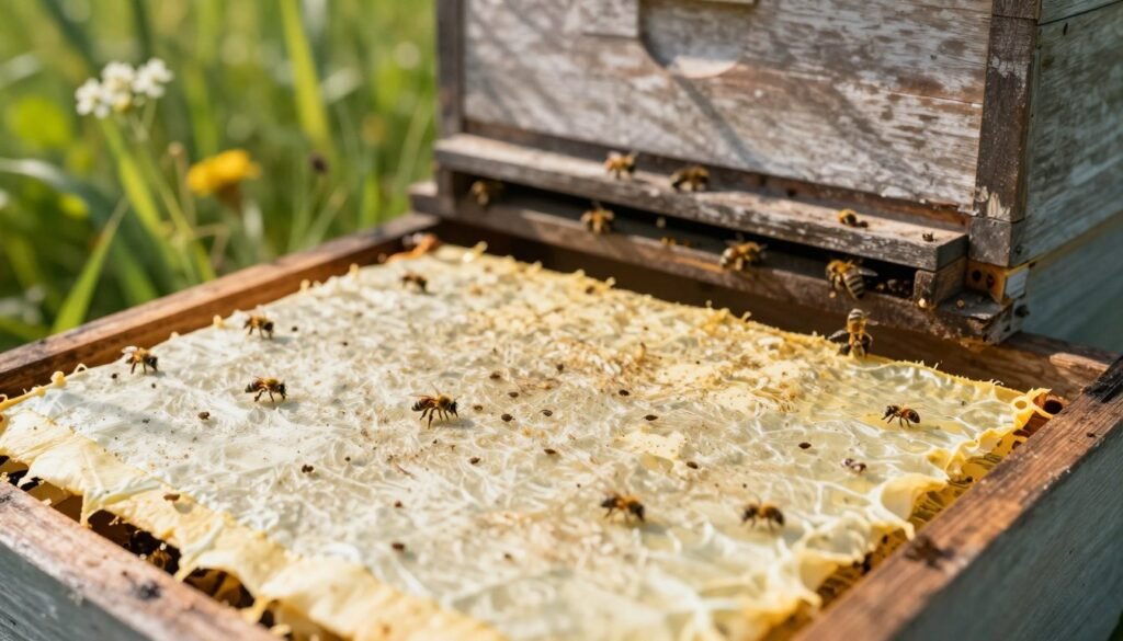 A close-up view of a sticky board placed at the bottom of a beehive, prominently displaying various mite counts. In the foreground, the sticky board is detailed with small, trapped mites for clear visibility, lined with a textured surface that emphasizes its purpose. In the middle ground, the beehive is made of weathered wood, with some bees visible around the entrance, suggesting a busy, vibrant environment. The background features lush green grass and softly blurred wildflowers, creating a natural setting. Morning sunlight filters through, casting gentle shadows and a warm, inviting glow over the scene, highlighting the importance of low-impact assessment tools in beekeeping. The atmosphere is serene yet industrious, embodying harmony with nature.