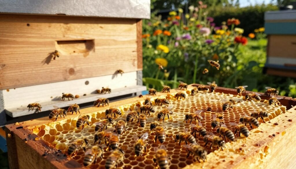 A close-up view of a strategic feeding hive designed for optimal bee colony growth. In the foreground, a frame feeder filled with golden syrup, showcasing tiny bees actively feeding, their wings glistening under warm sunlight. The middle ground features the hive's wooden structure, complemented by modern ventilation openings to ensure airflow, while honeycomb cells display capped honey and fresh wax on the edges. In the background, a vibrant garden blooms with flowers, attracting bees and enhancing the natural environment. The scene is illuminated by soft, golden afternoon light, casting gentle shadows, creating an inviting atmosphere of growth and vitality in a beekeeping setup. The angle is a low perspective, emphasizing the activity within the hive, conveying the importance of strategic feeding in supporting healthy bee colonies.