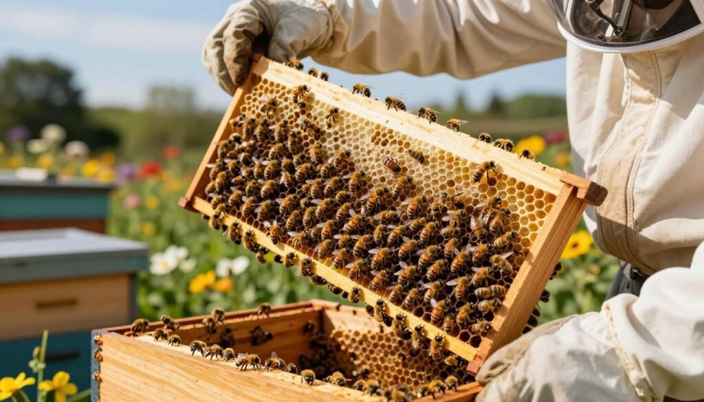 A close-up view of a strong bee nuc, showcasing several well-populated frames filled with bees, honey, and brood. In the foreground, focus on two open frames held by a beekeeper wearing professional protective gear, examining the vibrant bee activity. The bees should be depicted in various stages of their life cycle. In the middle ground, display the wooden nuc box with clean, natural textures, surrounded by a lush garden filled with blooming flowers emphasizing biodiversity. In the background, include a soft-focus of a sunny, clear sky that enhances the lively atmosphere, with warm, natural lighting illuminating the scene. Aim for a vibrant, informative mood that highlights the thriving community within the nuc.