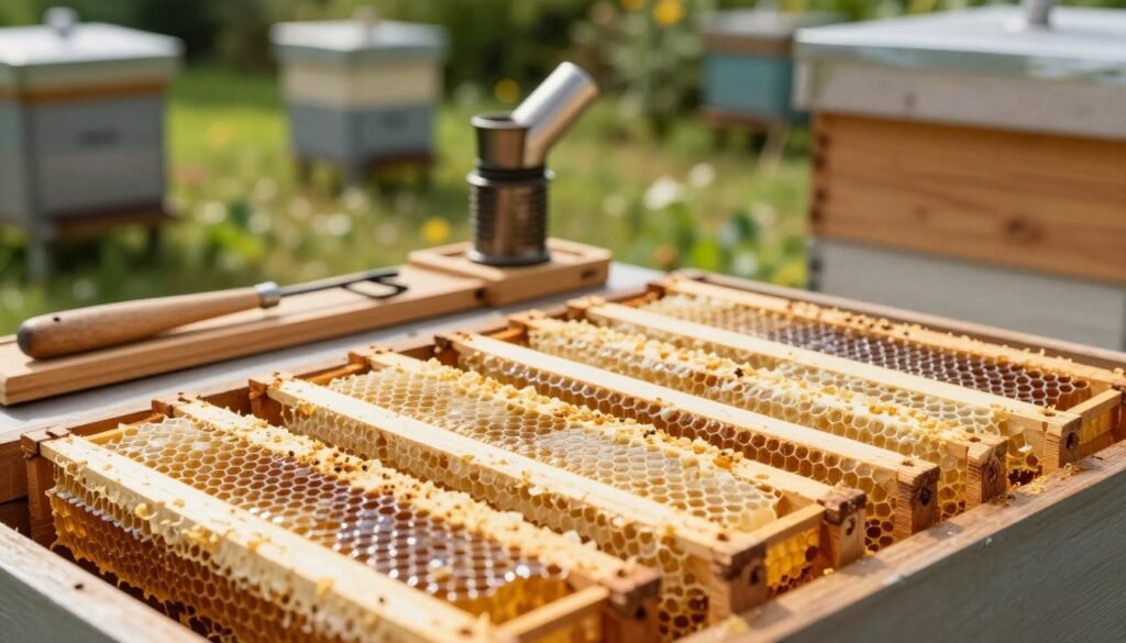 A close-up view of a stylishly arranged beekeeping workbench, showcasing a variety of drawn comb honey frames. In the foreground, several frames filled with golden honeycomb are displayed, glistening under soft, natural lighting that accentuates their texture. The middle ground features a wooden beekeeping toolset including a smoker and hive tool, emphasizing a sense of professionalism and meticulous care. In the background, blurred beehives are seen in a sunlit garden, contributing to a tranquil and harmonious atmosphere. The scene conveys a sense of dedication and expertise, ideal for beekeepers managing their existing inventory. The overall composition is warm and inviting, highlighting the beauty and importance of drawn comb in beekeeping.