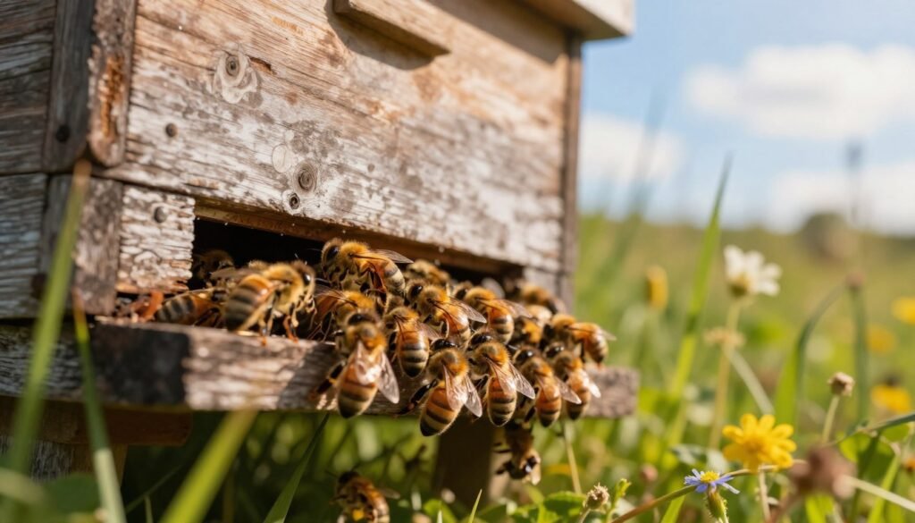 A close-up view of a swarm of honey bees clustering outside the entrance of a wooden beehive. The foreground captures the bees in intricate detail, showcasing their fuzzy bodies and the vivid golden hue of their wings illuminated by soft, warm sunlight. In the middle, the hive is rustic and weathered, surrounded by vibrant green grass and wildflowers, emphasizing the natural setting. The background features a sunny blue sky with a few fluffy clouds, creating a peaceful atmosphere. The lighting is warm and inviting, simulating a late afternoon glow. The angle is slightly elevated, showcasing the bustling activity at the hive entrance while evoking a sense of harmony in nature.