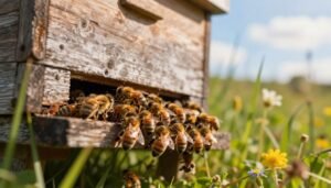 A close-up view of a swarm of honey bees clustering outside the entrance of a wooden beehive