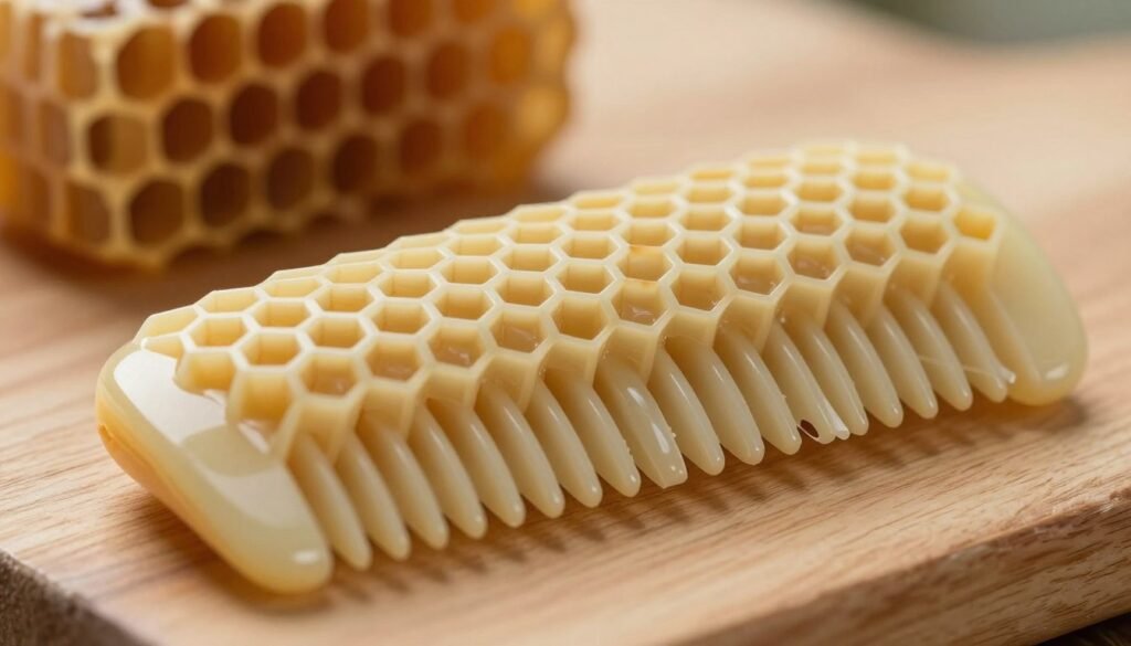 A close-up view of a synthetic drawn comb, meticulously detailed to exhibit its structured hexagonal cells and smooth, polished surfaces. The foreground features the comb placed prominently on a natural wooden surface, highlighting its artificial texture. In the middle ground, soft lighting creates gentle reflections, enhancing the comb's glossiness and inviting the viewer to appreciate its design. In the background, a blurred hive setting adds context, subtly suggesting an environmental connection without distracting from the main subject. The mood is one of innovation and curiosity, emphasizing the synthetic nature of the comb while showcasing its practicality for beekeepers. The lighting is warm and inviting, imbuing the scene with a sense of harmony.